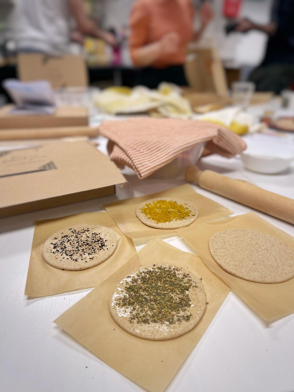 You can use any toppings for your flatbread, group baking in the kitchen